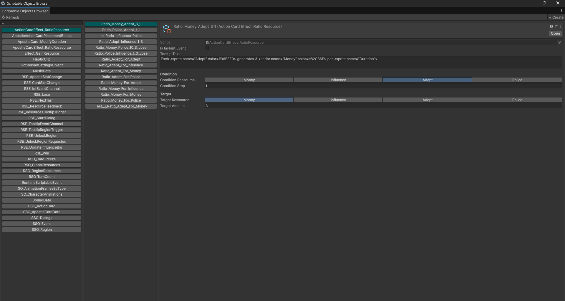 Aperçu du ScriptableObjects Browser